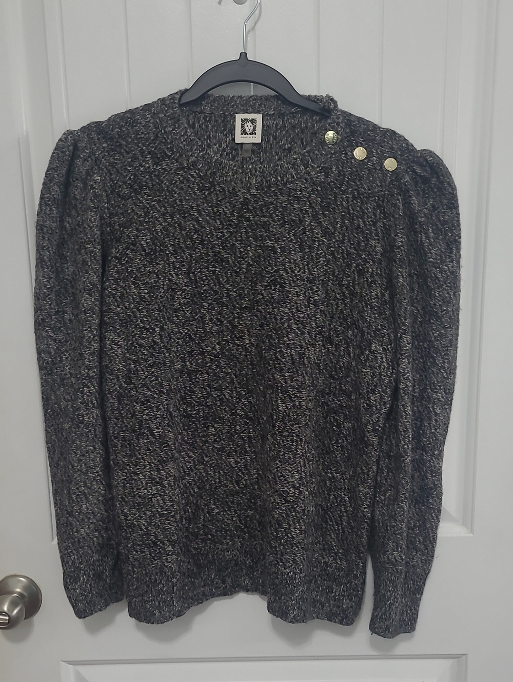 Anne Klein Black Marled Crewneck Sweater with Shoulder Buttons